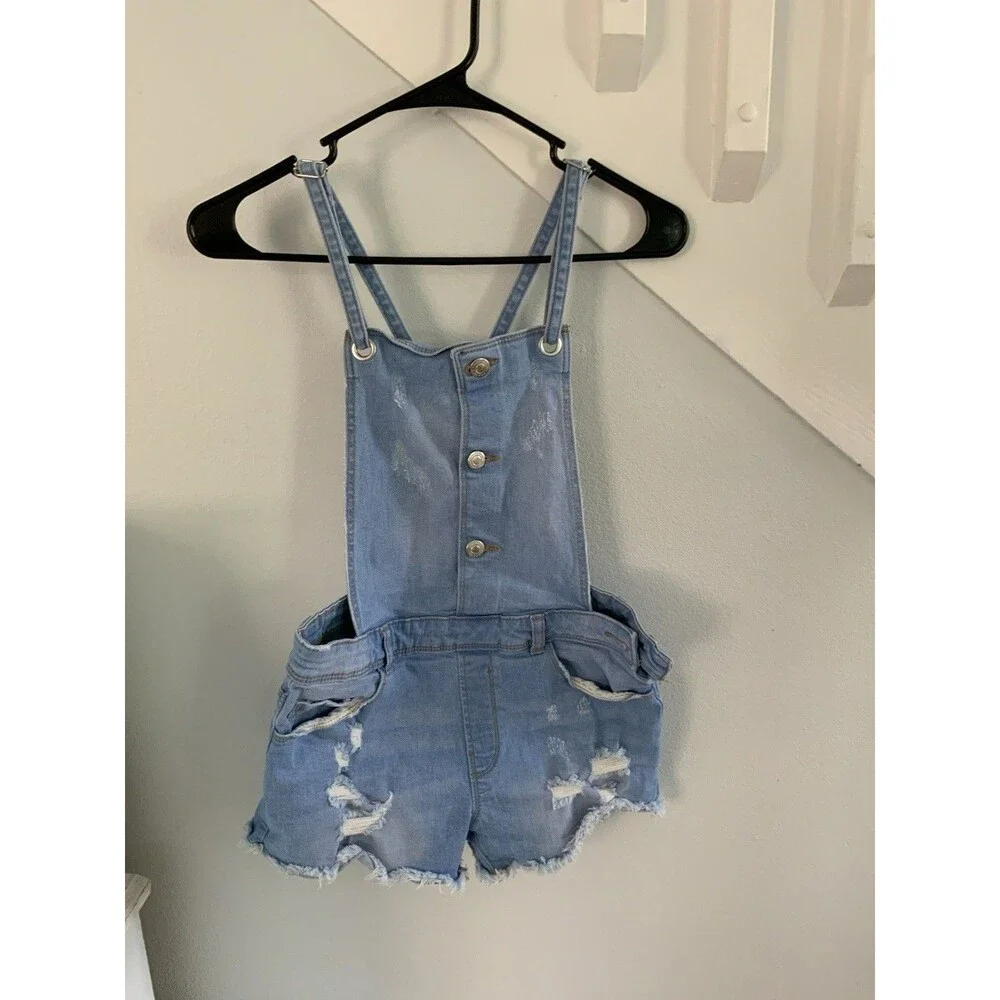 Zara Denim Washed Distressed Overall Jeans  Shorts Girls Teens Sz 13-14